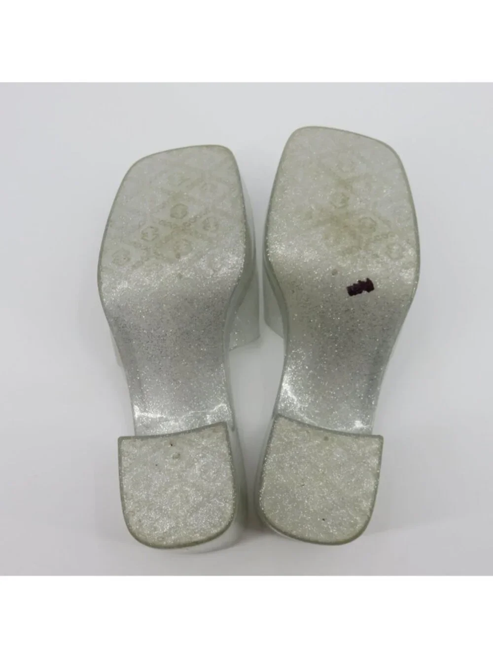 Play Women 7 US Silver Glitter Chunky Heel Platform Slide Shoes Sandals Costume
